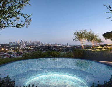 Pool terrace with an outlook to the track. Artist impression.