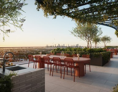 Rooftop terrace with views to the city skyline. Artist impression.