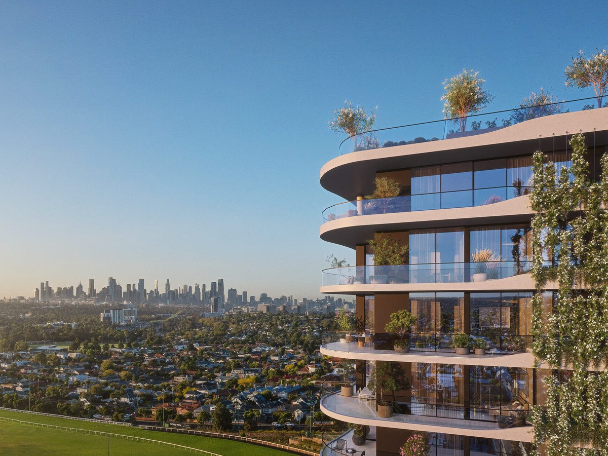 Track facing residence at The Eveline, with an uninterrupted outlook across the Moonee Valley racecourse to the Melbourne city skyline. Artist impression.