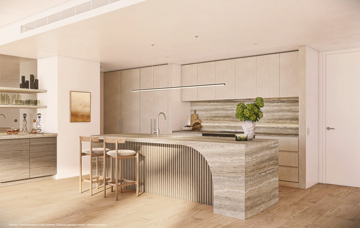 Grand kitchen in a track facing residence at The Eveline. Artist impression.